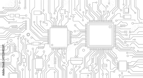 Detailed black and white illustration of a complex circuit board with chips and connections shown