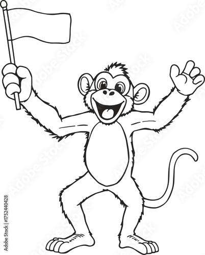 Happy Cartoon Monkey Holding Blank Flag Line Art Illustration