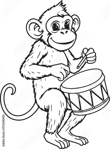 Cartoon Monkey Playing Drum Line Art Illustration