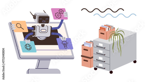 AI robot multitasking with documents on monitor, next to a filing cabinet and plant. Ideal for productivity, automation, organization, technology, AI tools, task management digital office. Simple