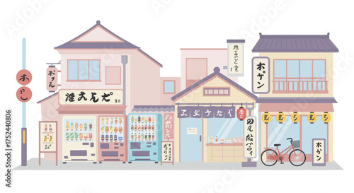 Japanese street scene with traditional buildings and shops, featuring vending machines and a bicycle