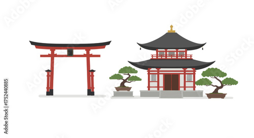 Traditional Japanese Architecture A Torii Gate and Pagoda with Bonsai Trees
