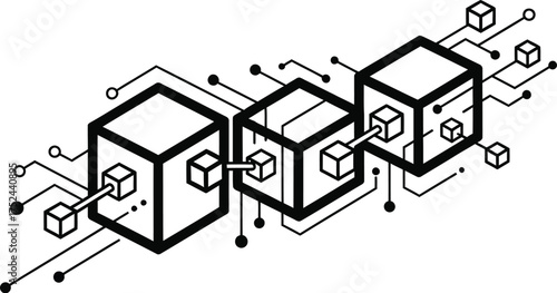 Three dimensional cubes connected with lines and smaller cubes on a white background illustration