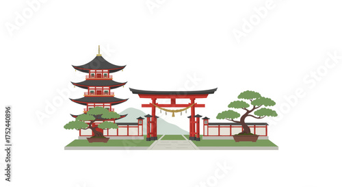 Illustrative Japanese Gateway and Pagoda with Bonsai Trees, Symbolizing Tradition and Serenity