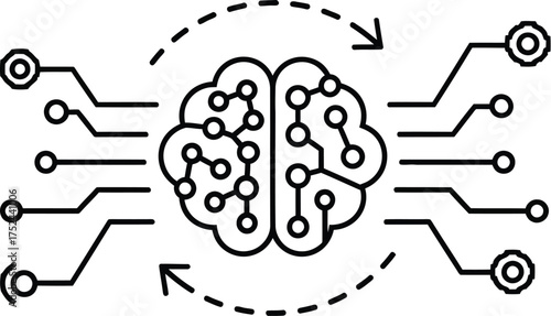 Illustration of a brain connected to circuit boards with arrows indicating data flow in black and white