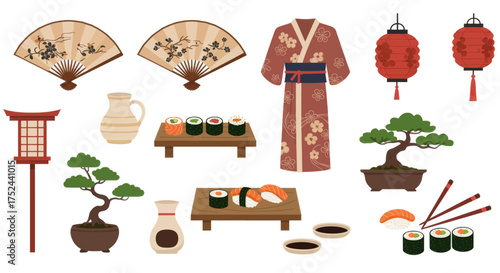 Collection of Japanese cultural elements including kimono, bonsai, lanterns, and sushi, JP010