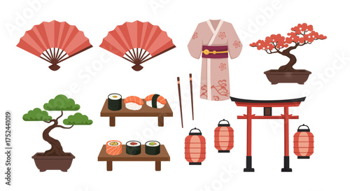 Collection of Japanese cultural icons including bonsai trees, kimono, sushi, and torii gate