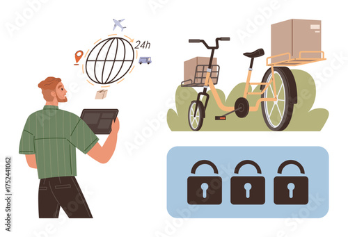 Man with tablet tracking shipments globally, cargo bike carrying packages, lock icons symbolizing security. Ideal for delivery services, logistics, eco transport, safety, e-commerce, global trade