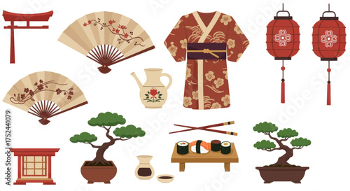 Japanese cultural elements featuring kimono, bonsai trees, sushi, fans, and traditional lanterns