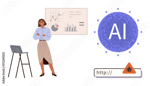 Professional standing by analytics chart with graphs and AI icon, raising cybersecurity warning concept. Ideal for technology, AI, machine learning, business analytics, data security, cybersecurity
