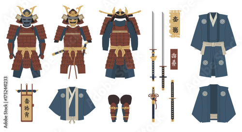 Collection of Traditional Japanese Samurai Armor and Clothing Elements