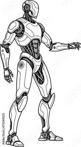 Line drawing of a futuristic robot standing with outstretched arm on a white background in full view