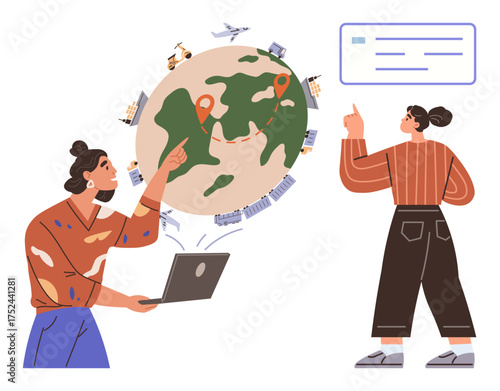 Two individuals collaborate, marking locations on a globe while using tech tools. Ideal for global communication, learning, travel, teamwork, innovation, exploration education. Simple flat metaphor