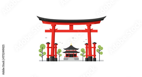 Japanese Traditional Gate and Temple Architecture Vector Illustration