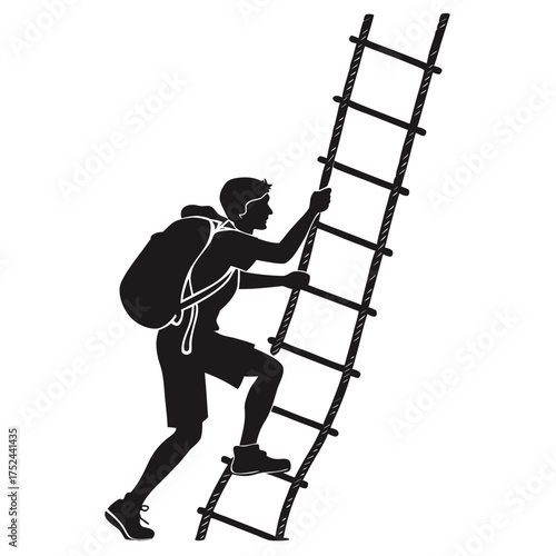 Hiker climbing rope ladder silhouette