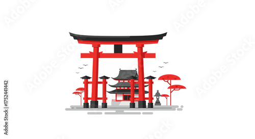 Japanese Torii Gate and Pagoda Illustration, Symbolizing Peace and Tranquility