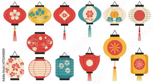 Collection of Japanese Lanterns with Traditional Designs and Floral Motifs