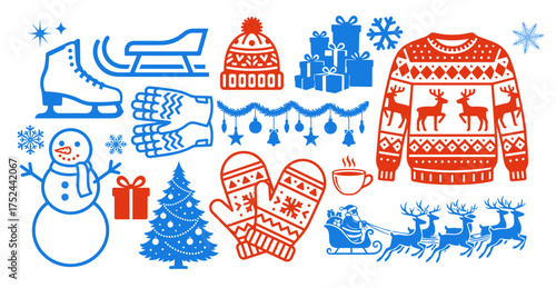 Set of Christmas objects. Hand drawn. Not AI, vector illustration.