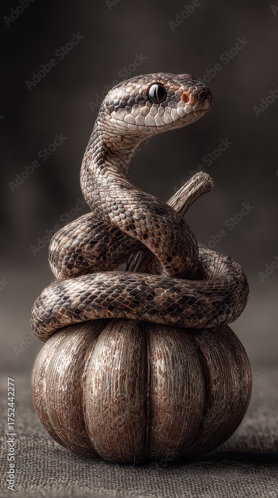 Fototapeta premium Unique snake coiling around a textured pumpkin