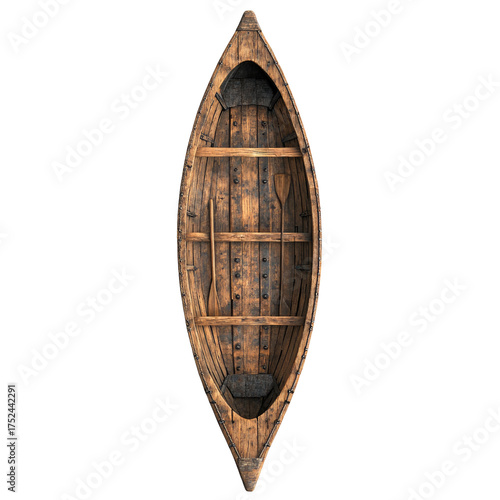 Wooden canoe overhead view, with paddles inside, against black background