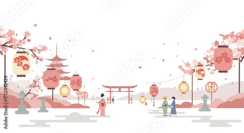 A serene Japanese spring scene with blooming cherry blossoms, traditional architecture, and people enjoying the season