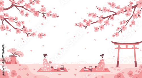 Japanese women enjoying a spring picnic under cherry blossom trees with a torii gate in the background