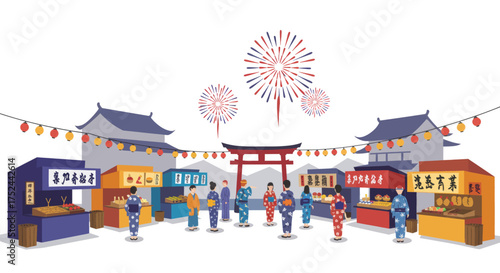 Vibrant Japanese Summer Festival Scene with Food Stalls and Fireworks