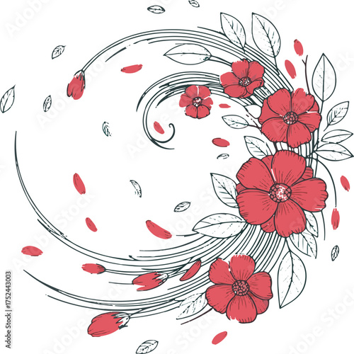 Swirling floral design with red flowers and leaves Keywords: floral, flowers, red, blossoms, leaves
