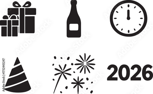 Festive Fireworks Champagne and a Gift for a Memorable New Year's Eve Party Bundle Design layout, 