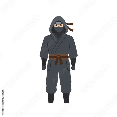 An illustration of a traditional Japanese ninja in a dark grey outfit with a hood