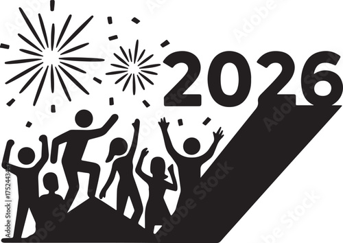 Dancing Crowd Celebrating 2026 with Fireworks, Black and White Illustration, Celebrate exciting 2026 New Year with vibrant fireworks,
