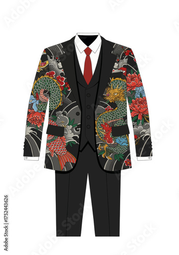 A striking black suit with a vibrant Japanese dragon and floral design on the jacket, a white dress shirt, and a red tie