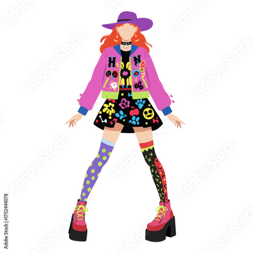 Vibrant illustration of a quirky young woman in a colorful outfit with unique accessories, representing playful fashion and individuality