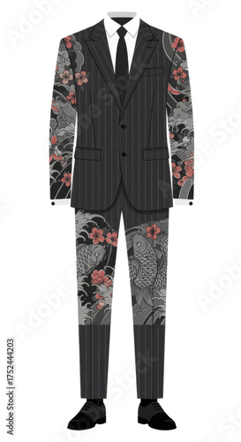 Elegant pinstripe suit adorned with traditional Japanese wave and cherry blossom motifs, showcasing a blend of classic tailoring and artistic flair