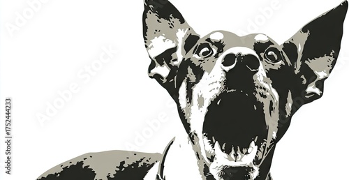 Silhouette portrait of a dog with open mouth, startled expression, and large ears against white