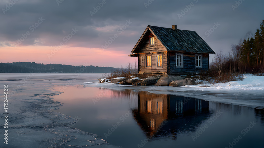 Fototapeta premium Minimalist cabin on frozen lake reflecting pastel sky in quiet winter solitude 