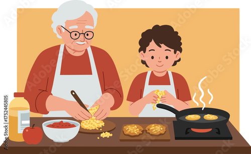 heartwarming scene of a grandparent and child preparing homemade pancakes in a cozy kitchen setting