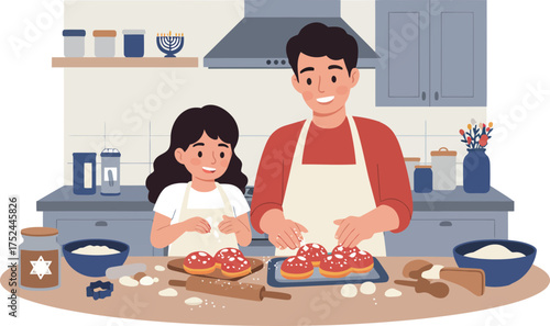 Joyful family baking cookies together in a modern kitchen during holiday season