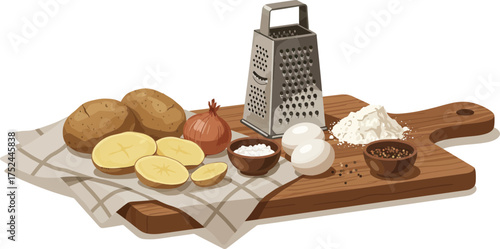 Collection of essential ingredients for preparing hearty potato pancake dish on rustic chopping