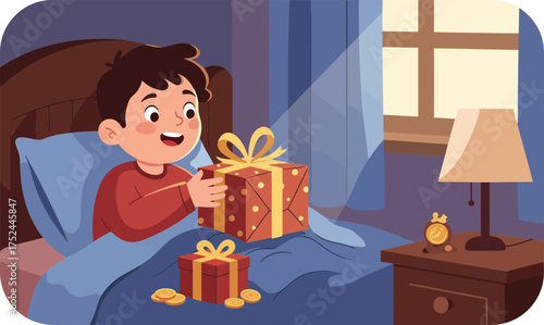 Joyful child excitedly opening a festive gift at bedtime in cozy bedroom scene