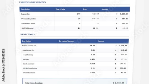 Payroll calculation sheet displaying employee earnings, deductions and net pay with animated counters
