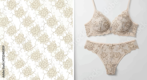Floral patterned wallpaper and beige lingerie set with floral embroidery on a white background