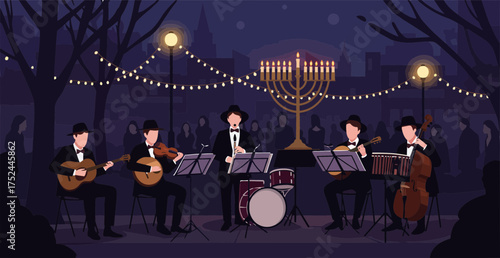 Evening outdoor jazz band performance illuminated by festive string lights and menorah with