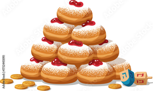 Delicious stacked cream-filled donuts with cherry toppings and gold coins on a black background