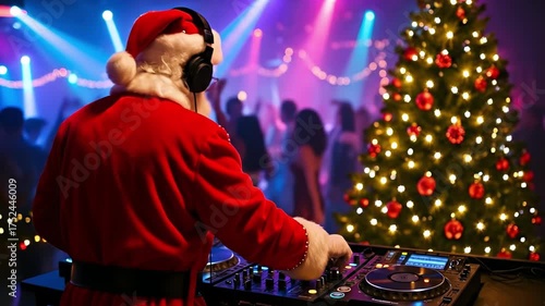 Santa claus dj at a festive christmas party with colorful lights and decorated tree. concept of holiday celebration, joyful music, festive event
