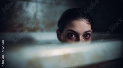 Terrifying ghostly woman with white eyes emerging from dirty bathtub, cinematic horror lighting, eerie bathroom scene, psychological thriller atmosphere, fine art horror photograph