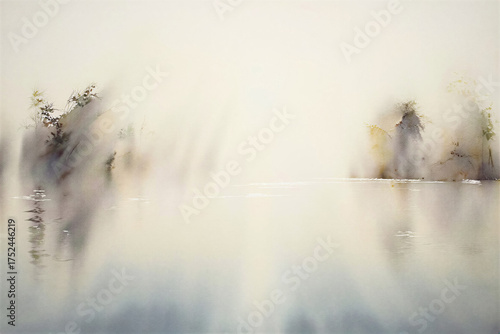 Delicate watercolor of a misty lake with soft reflections and neutral tones. Minimalist composition with calm light and airy mood perfect for Japandi and Scandinavian interiors
