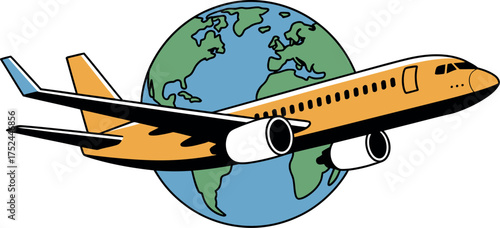 Vector art of airplane flying around the world for travel
