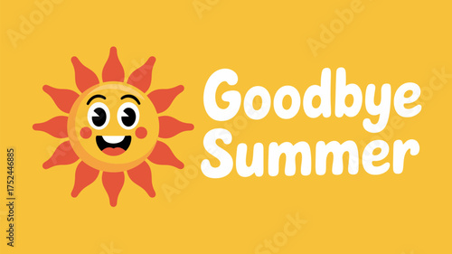 Vector art of goodbye summer banner with cute sun character on yellow isolated background