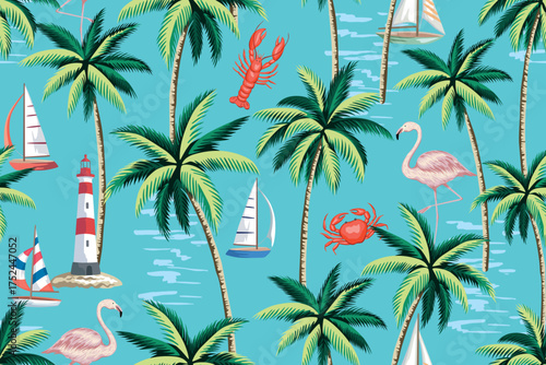 Sailboat, palms, flamingo, crab, lobster, lighthouse, sea wave seamless pattern. Summer hawaiian wallpaper.	